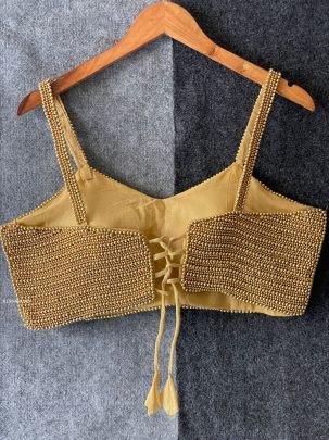 Golden Handcrafted Pearl Beads Work Sleeveless Blouse