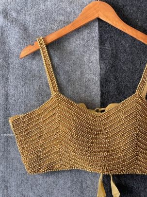 Golden Handcrafted Pearl Beads Work Sleeveless Blouse