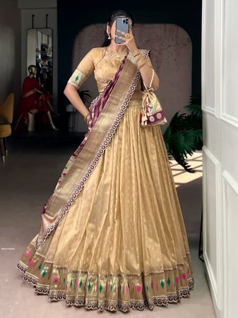 Golden Zari Weaving Organza Lehenga Choli with Paithani Dupatta And Batwa