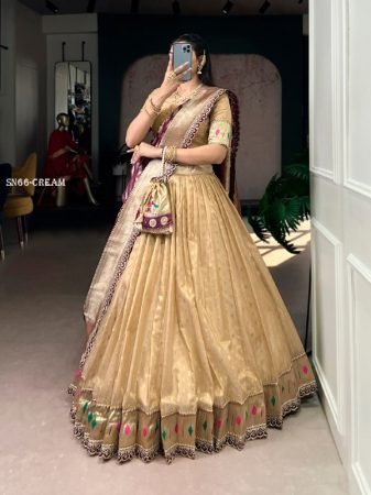 Golden Zari Weaving Organza Lehenga Choli with Paithani Dupatta And Batwa