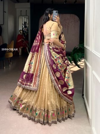 Golden Zari Weaving Organza Lehenga Choli with Paithani Dupatta And Batwa