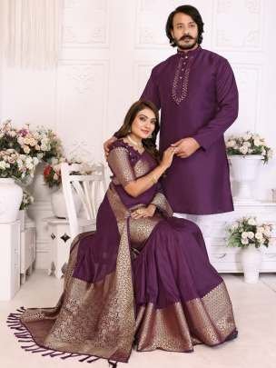 Good Quality Wine Dola Silk Saree With Kurta Pajama Set