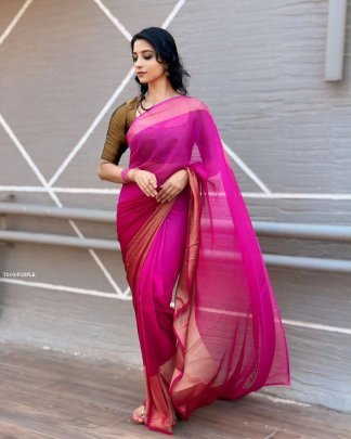 Gorgeous Pink Plain Chiffon Ready to wear Saree