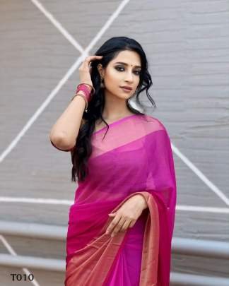Gorgeous Pink Plain Chiffon Ready to wear Saree