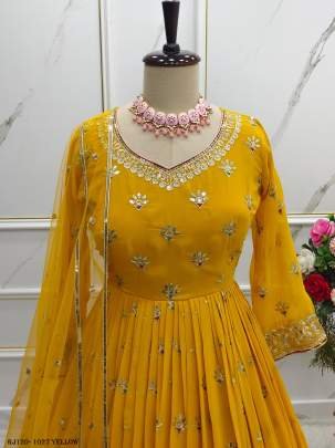 Gorgeous Yellow Color Georgette Sequence Work Gown Bottom Dupatta Set