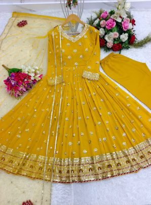 Gorgeous Yellow Color Georgette Sequence Work Gown Bottom Dupatta Set