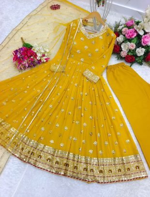 Gorgeous Yellow Color Georgette Sequence Work Gown Bottom Dupatta Set
