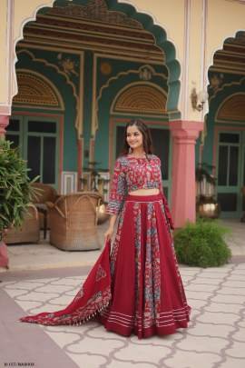 Gota Patti Lace Printed Rayon Maroon Lehenga Choli