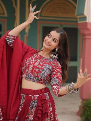 Gota Patti Lace Printed Rayon Maroon Lehenga Choli