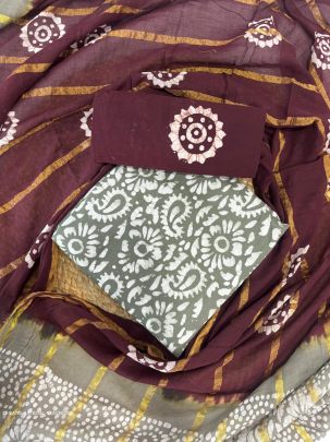 Gray And Brown Wax Batik Pure Cotton Dress Material