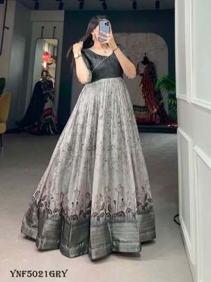 Gray Color Printed With Weaving Border Tussar Silk Dress