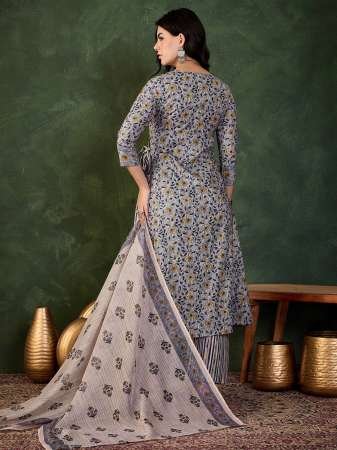 Gray  Colour Silk Fabric Kurti 3 Pcs  Set