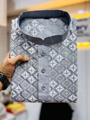 Gray Colour White Thread Work Kurta With Pajama