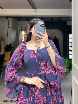 Gray Floral Printed Georgette Western Frock