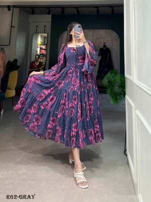 Gray Floral Printed Georgette Western Frock