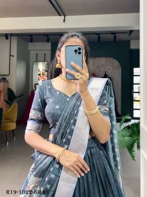 Gray Kalamkari Printed Dola Silk Lehenga Choli