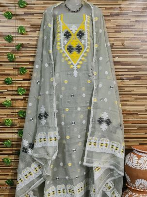 Gray Latest Dhakai Jamdani Two Piece Dress Material