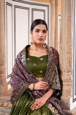 Green Ajarakh Printed Tussar Silk Lehenga Choli