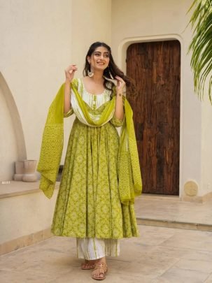 Green Anarkali Printed Kurti Set With Dupatta 