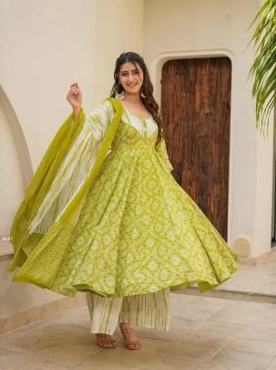 Green Anarkali Printed Kurti Set With Dupatta