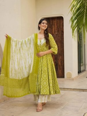 Green Anarkali Printed Kurti Set With Dupatta