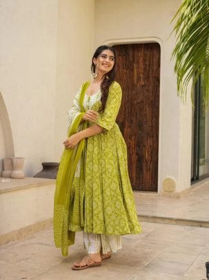 Green Anarkali Printed Kurti Set With Dupatta