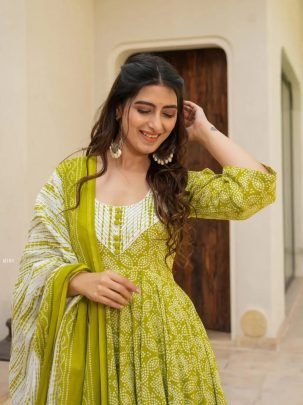 Green Anarkali Printed Kurti Set With Dupatta