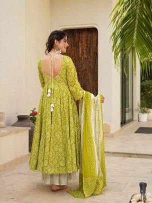 Green Anarkali Printed Kurti Set With Dupatta