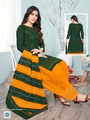 Green And Orange Pure Cotton Readymade Printed Patiala Suits With Dupatta