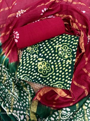 Green And Red Wax Batik Pure Cotton Dress Material
