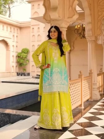 Green And Sky Blue Heavy Chinnon Silk Palazzo Suit Set 