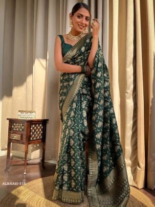 Green Banarsi Soft Silk Saree With Unstich Blouse