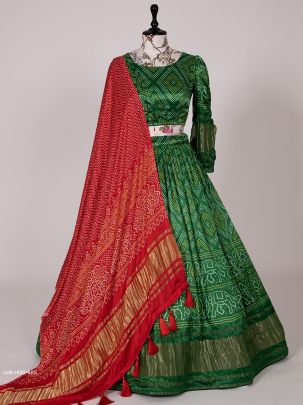 Green Bandhej Digital Printed Pure Gaji Silk With Red Dupatta