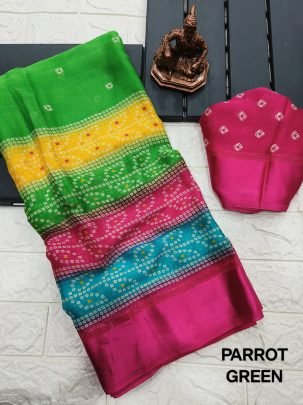 Green Bandhej Print Moss Chiffon Saree