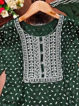 Green Beautiful Anarkali Rayon Kurtis With Chiffon Dupatta