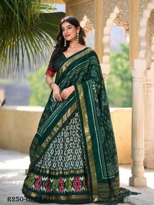 Green Beautiful Ikkat Printed Tussar Silk Lehenga Choli With Foil Work