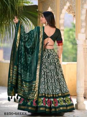 Green Beautiful Ikkat Printed Tussar Silk Lehenga Choli With Foil Work