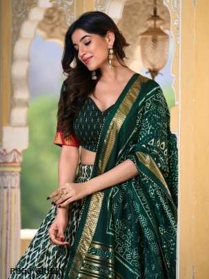 Green Beautiful Ikkat Printed Tussar Silk Lehenga Choli With Foil Work