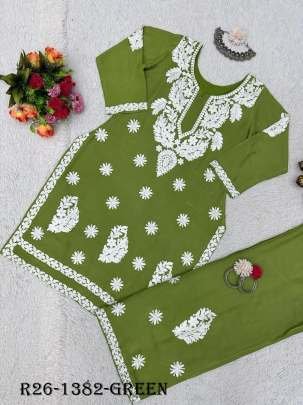 Green Chain Stich Work Heavy Rayon Kurtis