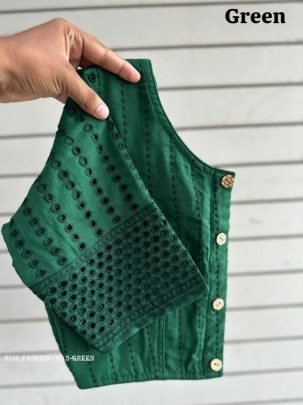 Green Color Jaipuri Goli Hakoba Boat Neck Ready made Blouse with Wooden Button