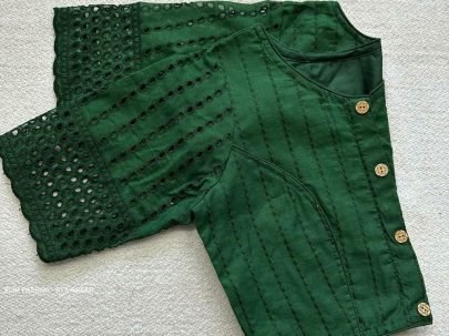 Green Color Jaipuri Goli Hakoba Boat Neck Ready made Blouse with Wooden Button