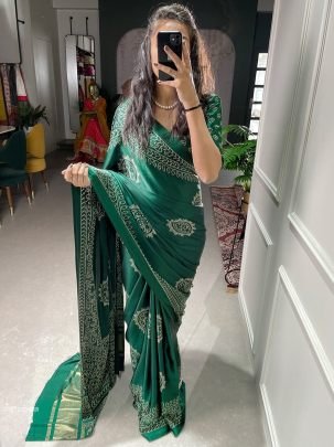 Green Color Printed And Foil Work Semi Gaji Satin Saree