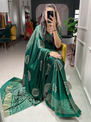 Green Color Printed And Foil Work Semi Gaji Satin Saree