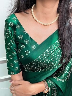 Green Color Printed And Foil Work Semi Gaji Satin Saree