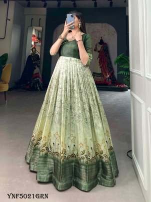 Green Color Printed With Weaving Border Tussar Silk Dress
