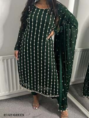Green Designer Foux Georgette Suits With Rivet Moti Work or Thread Work