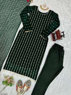 Green Designer Foux Georgette Suits With Rivet Moti Work or Thread Work