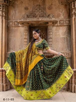 Green Digital Printed Cotton Lehenga