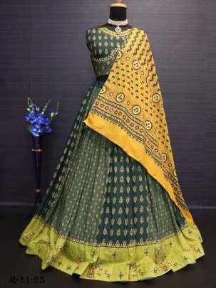 Green Digital Printed Cotton Lehenga