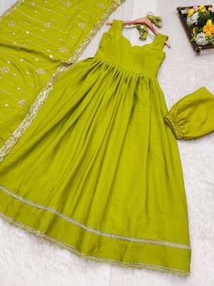 Green Elegance Chinnon Silk Anarkali Gown